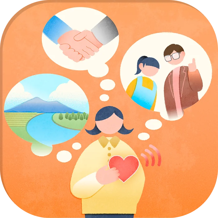 福島の風景や人との出会いを思い浮かべる担当者を描いたイラスト