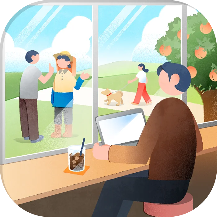 福島の景色を眺めながらワーケーションで仕事をする様子のイラスト